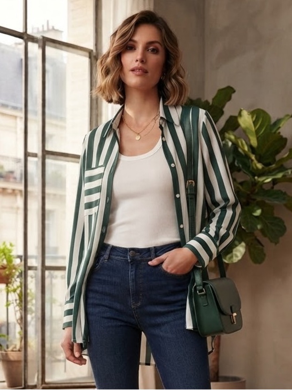 Green and White Vertical Stripe Button-Down Shirt